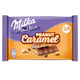 The Milka - Peanut & Caramel - 5x37g wrapper showcases chocolate pieces filled with caramel and peanuts, in a striking purple and orange package.
